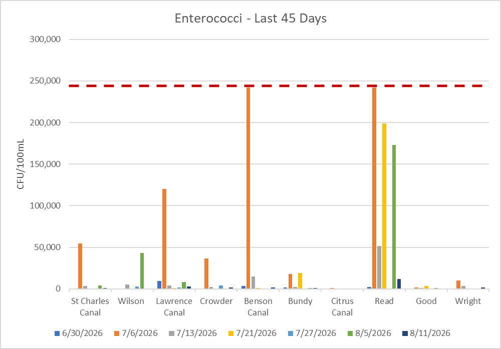 Bar chart titled Enterococci - Last 45 Days, showing Enterococci levels at each Dwyer Canal sampling location across seven sampling dates from June 30 through August 11, 2026, with a dashed line marking the maximum testing value.